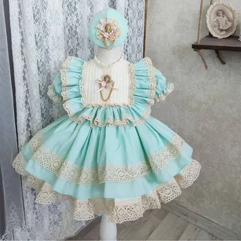1-12Y Bebek Kız Yeşil Dantel Vintage İspanyolca Türk Balo Prenses Elbise Doğum Günü Noel Bayram