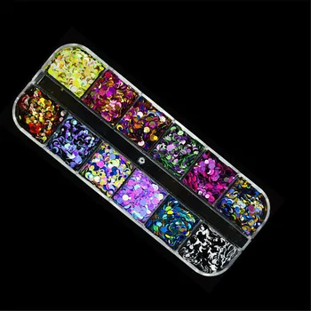 12 adet Glitter Lazer Pullu Madeni Pul Flakies Holografik Nail Art Yüz Saç Vücut Zanaat Tırnak Glitters Gevreği Dekor Aksesuarları