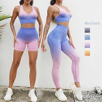 2 ADET Dikişsiz Yoga Setleri Kadınlar Push Up Spor Şort Seksi Sütyen Spor Tayt Tayt Eşofman fitness giysileri Egzersiz koşu giyimi