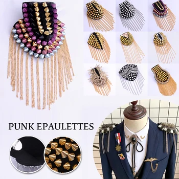 2 Adet Boncuk Taklidi Giyim Yama Zincir Saçaklı Performans Sahne Ceket Punk Perçin Saplama Başak Püskül Apoletler Dikiş El Sanatları