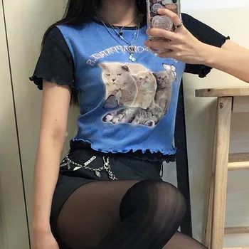 2020 Gotik Kızlar Kadın Moda Sevimli Kediler Baskı Yaz Üstleri Tees Harajuku Tarzı Streetwear kore T Gömlek Ürün Üst tişört Femme Görüntü 2