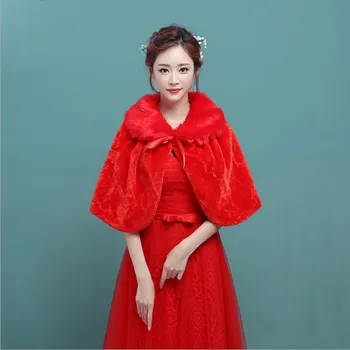 2020 Yeni Varış Taklit Kürk Kırmızı Cheongsam Ceketler Wrap Omuz Silkme Bolero Ceket Sarar Şal Pelerin Gelin Düğün Şal Gelin Aksesuarları Görüntü 2
