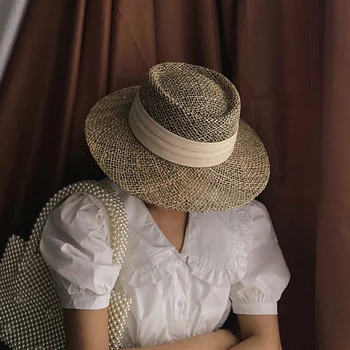 2021 Yeni El Yapımı Hasır plaj şapkası Kadınlar İçin Yaz şapka Panama Kap Moda İçbükey Düz Güneş Koruma Siperliği Şapka Toptan