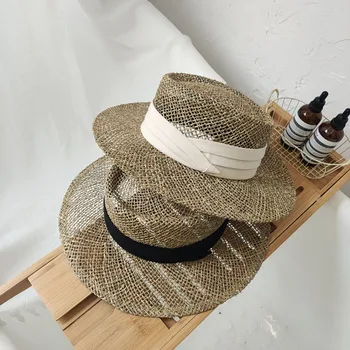 2021 Yeni El Yapımı Hasır plaj şapkası Kadınlar İçin Yaz şapka Panama Kap Moda İçbükey Düz Güneş Koruma Siperliği Şapka Toptan Görüntü 2
