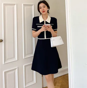 2022 Yeni Yaz Fransız Yumuşak Kontrast Renk Örme Kazak Elbise Şık Kadın Yaka Fermuarlar Kısa Kollu İnce Bel Bir çizgi elbise Görüntü 2