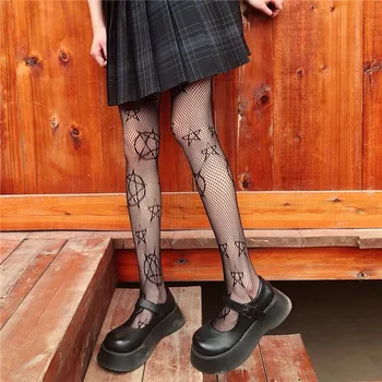 2022New Yıldız Kız Sihirli Pentagramı Siyah Beyaz Fishnet Çorap İçi Boş Harajuku Baharat Tatlı Serin JK Külotlu Çorap