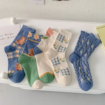 2023 Kore Moda Mavi Çorap Kadın Hayvanlar Karikatür Kedi Kawaii Sevimli Çorap Çiçek Nakış Harajuku Retro Vintage Ekip Çorap