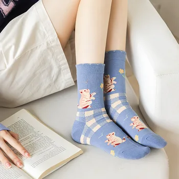 2023 Kore Moda Mavi Çorap Kadın Hayvanlar Karikatür Kedi Kawaii Sevimli Çorap Çiçek Nakış Harajuku Retro Vintage Ekip Çorap Görüntü 2
