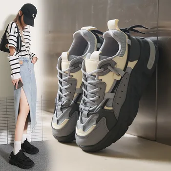 2023 Yeni Kadın Tıknaz Ayakkabı Kız Öğrenci Örgü Patchwork Rahat Spor platform ayakkabılar Kalın tabanlı spor ayakkabı
