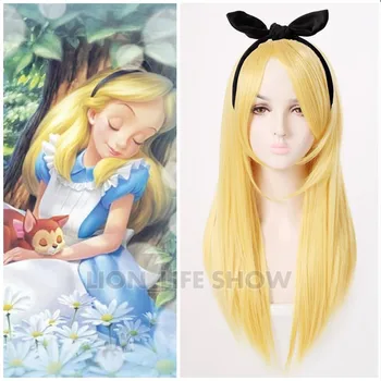 Alice in Wonderland Alice Sarı Altın Cosplay Peruk Düz Uzun Sentetik Saç Kostüm Partisi Cadılar Bayramı Peruk + Ücretsiz kap