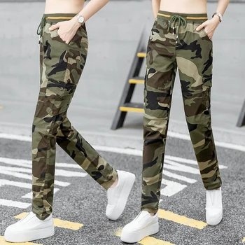 Açık Kamuflaj Ordu Taktik Pantolon Kadın Moda Rahat Seyahat İpli Dokuz Pantolon Tırmanma Trekking Yürüyüş spor pantolonları Görüntü 2