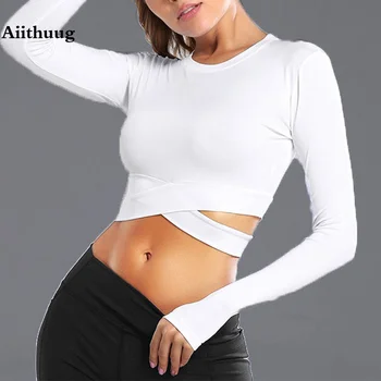 Aııthuug Uzun Kollu Yoga Kırpma Üstleri Miidriff Uzun Kollu Aktif Giyim Spor Üstleri Kadın Yoga Gömlek Sıkı Tee Slim Fit Üst Egzersiz