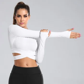 Aııthuug Uzun Kollu Yoga Kırpma Üstleri Miidriff Uzun Kollu Aktif Giyim Spor Üstleri Kadın Yoga Gömlek Sıkı Tee Slim Fit Üst Egzersiz Görüntü 2