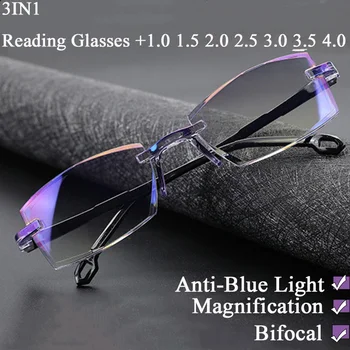 Bifokal Hipermetrop Anti Mavi ışık Okuma Gözlükleri Büyütme Gözlük Presbiyopik Gözlük Diyoptri Elmaslı Kesme + 1.0 İla + 4.0