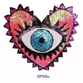 Büyük Göz Pul Yamalar Kalp Şekli Göz Küresi Boncuklu Yamalar Giysi için 33 * 30cm dikmek Vintage Payetli Aplikler Yama 3 Renk Görüntü 2
