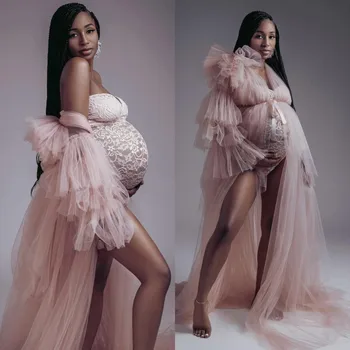 Büyüleyici hamile elbiseleri Uzun Kabarık Kollu Hamile Elbisesi Photoshoot için Seksi Kat Uzunluk Fotoğraf Gebelik Elbise