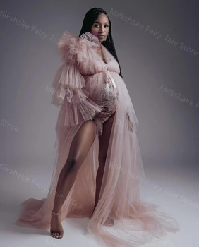 Büyüleyici hamile elbiseleri Uzun Kabarık Kollu Hamile Elbisesi Photoshoot için Seksi Kat Uzunluk Fotoğraf Gebelik Elbise Görüntü 2