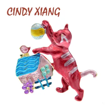 CINDY XIANG Emaye Oyun Topu Kedi Sevimli Hayvan Kitty Pin Broş Kadınlar İçin Karikatür Takı Moda 2 Renk Seçin