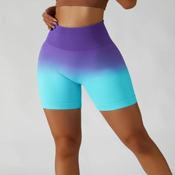 Degrade spor Şort tayt Kadın spor şort Egzersiz Koşu Yoga Şort Kadınlar Yüksek Bel Spor Dikişsiz Şort Yoga Pantolon Görüntü 2