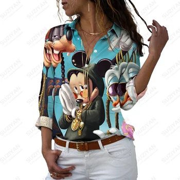 Disney Moda Uzun Kollu Gömlek Gevşek Gömlek Casual Kadın Gömlek Düğmesi Casual Streetwear Gömlek Tops