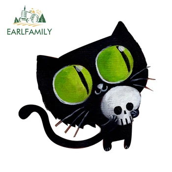 EARLFAMILY 13cm x 12.7 cm Siyah Cadılar Bayramı Kedi Kafatası Araba Sticker Komik JDM Çıkartmalar 3D Kişilik Çizilmeye dayanıklı Çıkartması