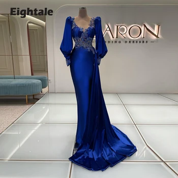 Eightale Kraliyet Mavi Abiye Düğün Parti için Aplikler Boncuklu Uzun Kabarık Kollu Saten Mermaid Balo elbise vestido festa