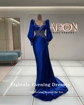 Eightale Kraliyet Mavi Abiye Düğün Parti için Aplikler Boncuklu Uzun Kabarık Kollu Saten Mermaid Balo elbise vestido festa Görüntü 2