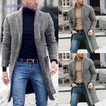 Erkek Sonbahar Yün Karışımları Palto Kore Ekose Tek göğüslü Erkek Sıcak Giysiler Rahat Palto 2021 Vintage İş Uzun Ceketler