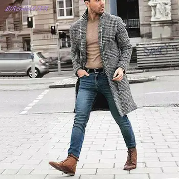 Erkek Sonbahar Yün Karışımları Palto Kore Ekose Tek göğüslü Erkek Sıcak Giysiler Rahat Palto 2021 Vintage İş Uzun Ceketler Görüntü 2