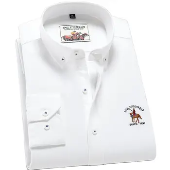 Erkek Uzun Kollu Oxford Casual Gömlek %100 % Pamuk Moda Izgara Şerit Erkek Lüks Gömlek Düğme aşağı Beyaz Yumuşak Giyim