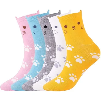Eğlenceli 3d Sevimli Kitty Kedi Kadın Kız Pamuk Çorap Şeker Renk Kore Tüp Harajuku Komik Rahat Ucuz Yenilik Mavi Pembe Beyaz Sarı