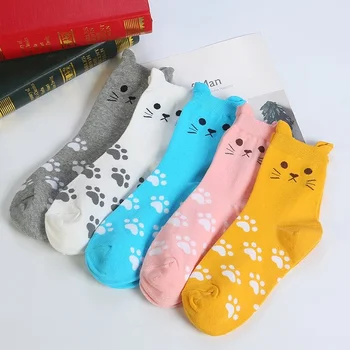 Eğlenceli 3d Sevimli Kitty Kedi Kadın Kız Pamuk Çorap Şeker Renk Kore Tüp Harajuku Komik Rahat Ucuz Yenilik Mavi Pembe Beyaz Sarı Görüntü 2