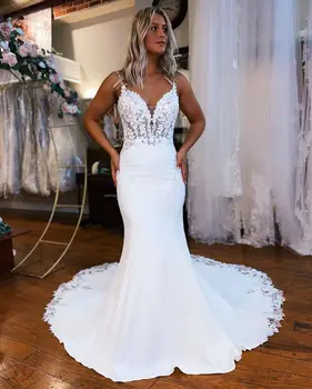 FATAPARESE düğün elbisesi Mermaid Elbiseler Basit Spagetti Sapanlar Gelin Elbise Dantel Kenar Backless Düğmeler Seksi V Yaka Appqulies Görüntü 2