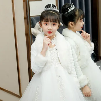 Faux Kürk Bolero Çocuklar Çiçek Kız Wrap Kış Ceket Özel Günlerinde Omuz Silkme Çocuk Düğün Şal Özel prenses pelerin Görüntü 2