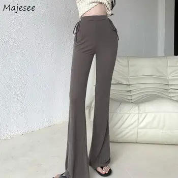 Flare pantolon Kadın Paspas İnce Kadın Düz Dantel-up Rahat Elastik Bel Olgun Tasarım Streetwear Fransız Tarzı Kızlar Moda