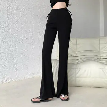 Flare pantolon Kadın Paspas İnce Kadın Düz Dantel-up Rahat Elastik Bel Olgun Tasarım Streetwear Fransız Tarzı Kızlar Moda Görüntü 2
