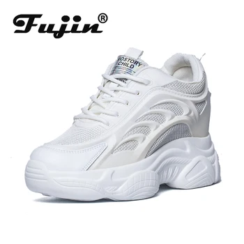 Fujin Beyaz Baba Ayakkabı Tıknaz Ayakkabı Kadınlar için 2021 Hakiki Deri Hava Mesh İçi Boş Platform Topuk Kama Pompaları 9cm Topuklu