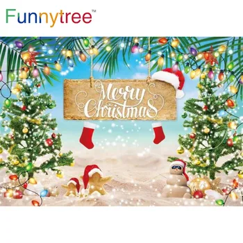 Funnytree Merry Christmas Plaj Zemin Tropikal Çam Ağacı Sahil Arka Plan Festivali Yeni Yıl Arifesi Parti Malzemeleri Afiş Dekor