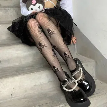 Gotik Lolita Kız Kafatası Desen Yüksek Bel Tayt JK Üniforma Örgü Ağları balık ağı külotlu çorap Punk Kadınlar Seksi Medias Vücut Çorapları