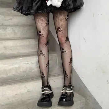 Gotik Lolita Kız Kafatası Desen Yüksek Bel Tayt JK Üniforma Örgü Ağları balık ağı külotlu çorap Punk Kadınlar Seksi Medias Vücut Çorapları Görüntü 2