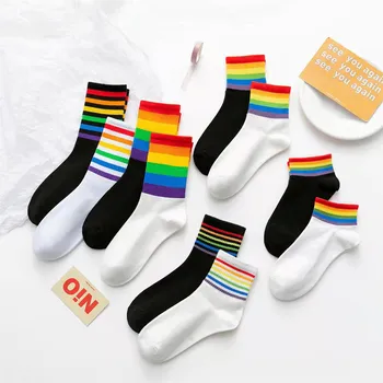 Gökkuşağı Çorap komik çoraplar Kadınlar Renkli Çizgili Pamuk Sıcak Ayak Bileği Çorap Kadın Elastik 1 Çift Harajuku Rahat yüksek çorap Unisex