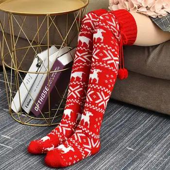 Helisopus Noel Kadınlar Uzun Örme Çorap Uyluk Yüksek Diz Üzerinde Çorap Sevimli Karikatür Desen Kış diz üstü çorap Görüntü 2