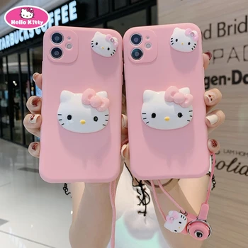 Hello Kitty 3D Durumda Kordon ile 13promax Kitty Karikatür Cep Telefonu Kılıfı iPhone 13pro 13 12 Mini 11 XR XS Sevimli Mat Kapak