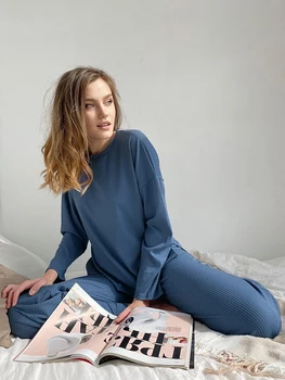 Hiloc Siyah Nervürlü Pijama Kadın Kış Örgü Pijama Kadın Pijama Mavi Yuvarlak Boyun Uzun Kollu kadın Ev Giysileri 2022