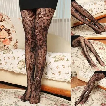 Hirigin Kadınlar Siyah Fishnet Dantel Çiçek Desen Jakarlı Çorap Külotlu Çorap Tayt Sıcak Görüntü 2
