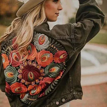 JSXDHK Streetwear Çiçek Nakış Denim Ceket Ceket Vintage Kadınlar İlkbahar Sonbahar Turn Down Yaka Gevşek Rahat Kovboy Dış Giyim