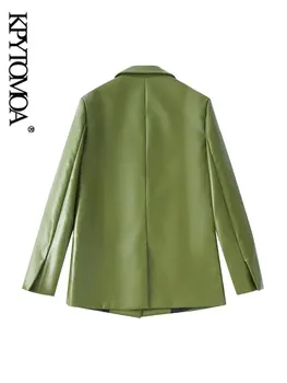 KPYTOMOA Kadın Moda Ön Düğme Faux Deri Blazer Ceket Vintage Uzun Kollu Welt Cepler Kadın Giyim Chic Tops Görüntü 2