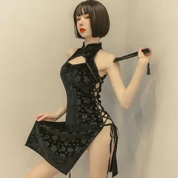 Kadife Cheongsam Çin İç Çamaşırı Pijama Kadın Seksi Kıyafeti Dantel Uyku Üstleri Çatal Elbise gece elbisesi Gecelik Camisolas 2022