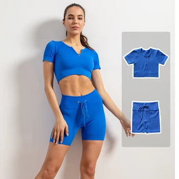 Kadın Fermuar Yoga Seti Dikişsiz Kısa Kollu Spor Salonu Spor Setleri Seksi Yüksek Bel Şort Tayt Koşu Spor Takım Elbise