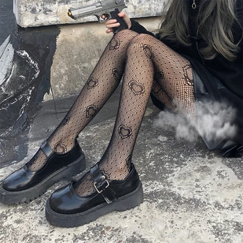 Kadın Siyah Kalp Nokta Jakarlı balık ağı külotlu çorap Gotik Punk Hollow Out Mesh See-Through Tayt Çorap Iç Çamaşırı